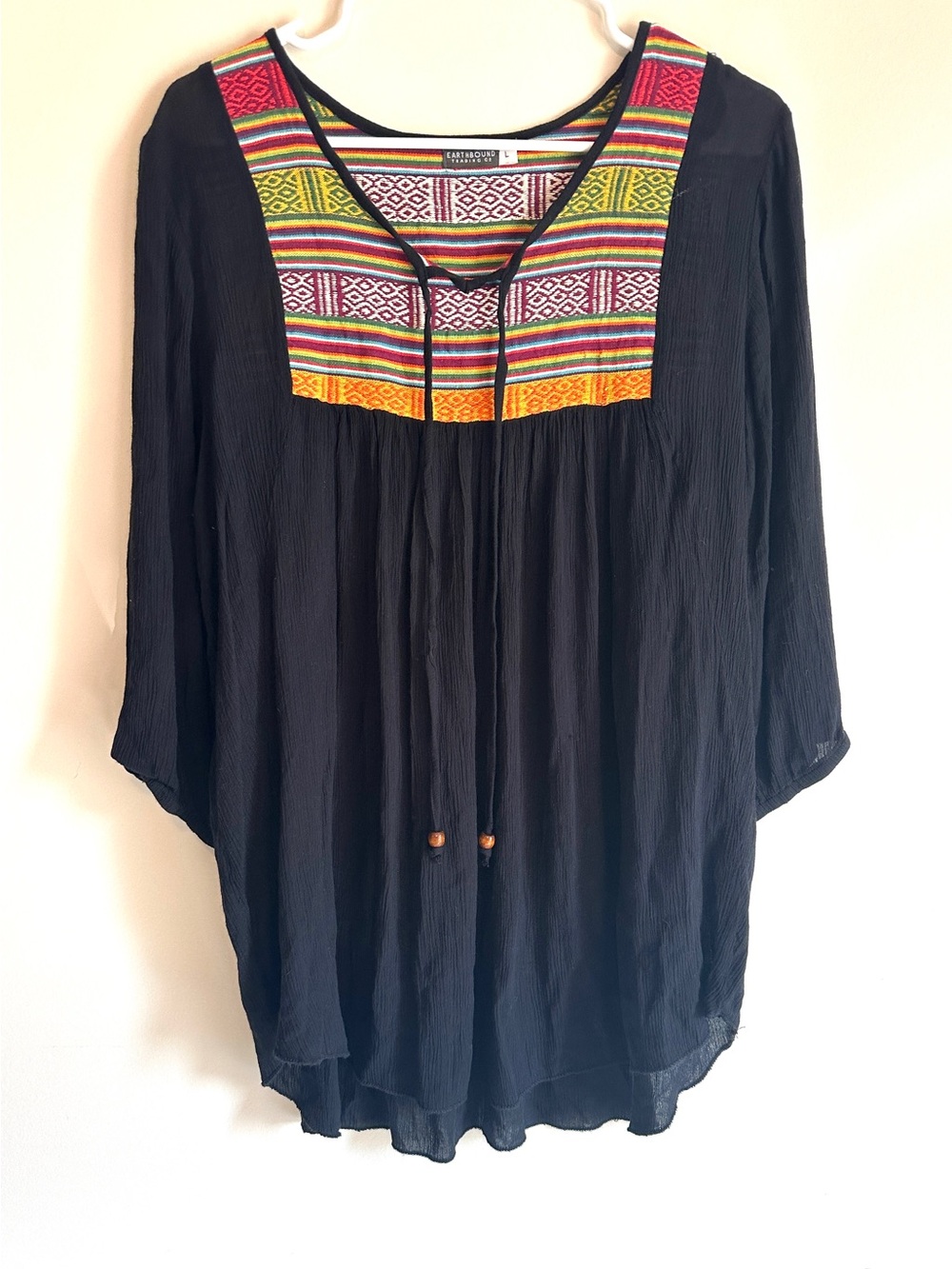 EARTHBOUND Black Tunic with Multicolor Embroidered Yoke Size Large